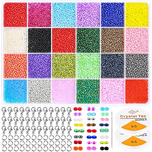 Pony Seed Beads, Cridoz 14400pcs Friendship Bracelet Beads Small Rainbow Beads with Lobster Clasps, Open Jump Rings and Elastic String for Jewelry Bracelets Necklace Making