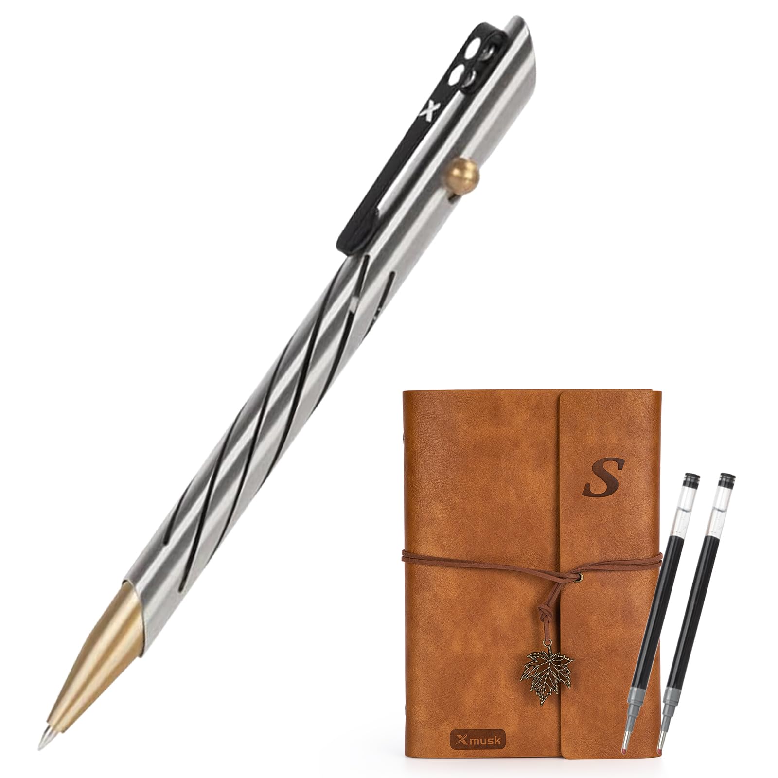 Stainless Steel Bolt Action Pen Compatible with G2 Refill A5 160 Pages Faux Leather Journal Notebook Gift Set for Men Women Valentines Birthday Anniversary(SSB-S), Grey