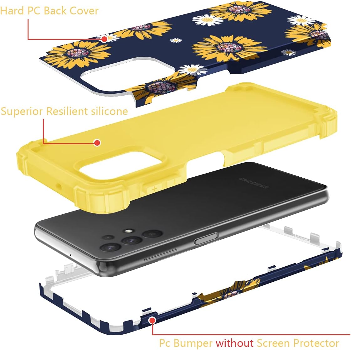 Fingic Samsung Galaxy A13 4G/5G Case, Galaxy A12/Galaxy A32 5G/Galaxy A04s Case Sunflower 3 in 1 Heavy Duty Hybrid Hard PC Soft Silicone Rugged Bumper Anti Slip Full-Body Shockproof Protective Case