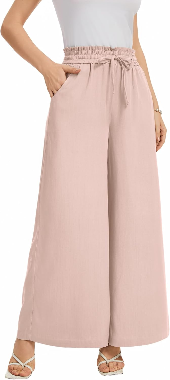 Wide Leg Casual Pants Women Elastic Drawstring Waisted Palazzo Cropped Trousers Baggy Slacks with Pockets - Image 4