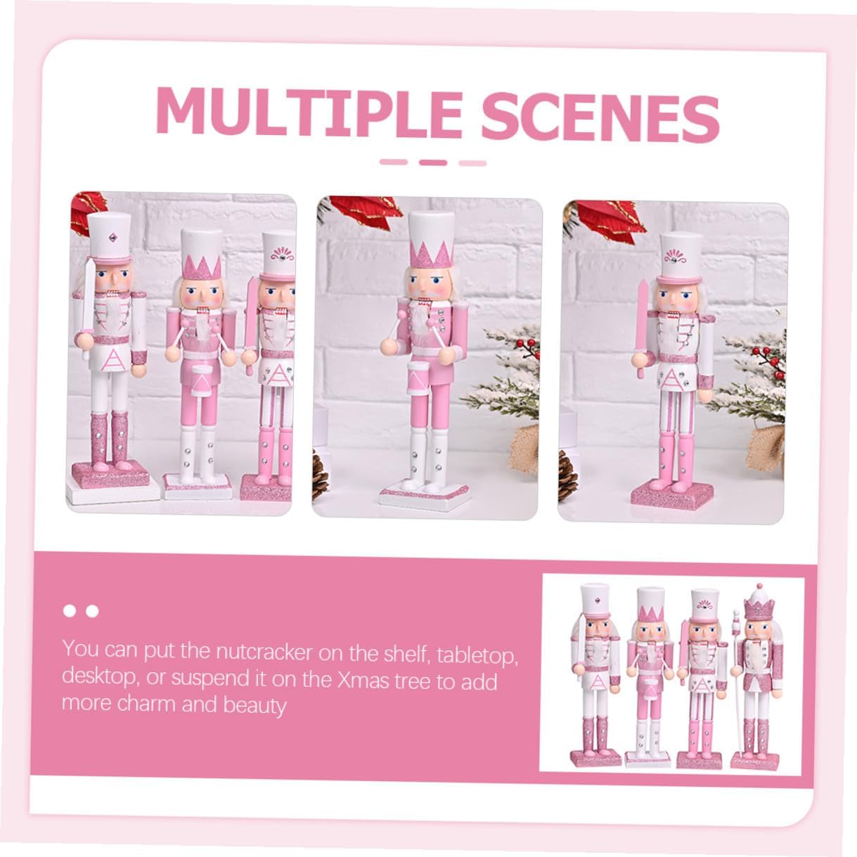 4pcs Wooden Nutcracker Figurines Christmas Nutcracker Ornaments Pink Desktop Decorations 24cm Set for Xmas Party Table Display