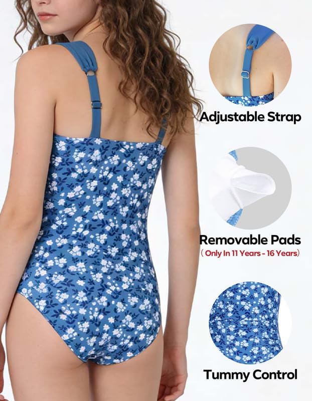 beautyin Girls Swimsuit One Piece Bathing Suits Retro Square Neck Ruched Adjustable Strap Swimwear 7-16Y - Image 4