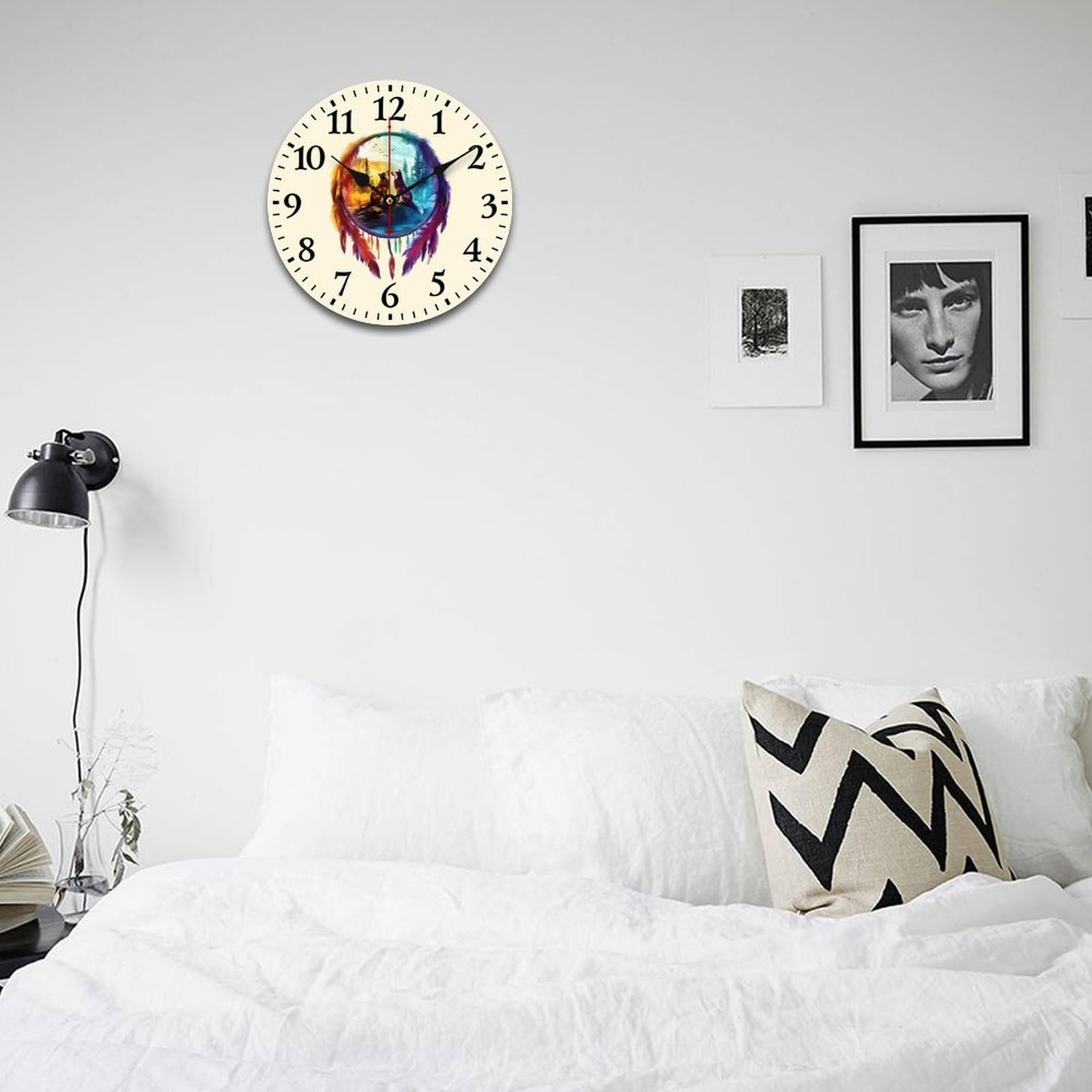 Wolf bunte Traumfänger-Wanduhr aus Holz, nicht tickend, batteriebetrieben, für Büro, Wohnzimmer, Schlafzimmer, Küche