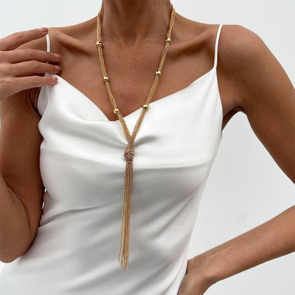 Dainty Long Tassel Bead 14k Gold Plated Y Necklace for Women Funky Minimalist Statement Multi-Layer Chain Necklace Unique Prom Party Sweater Accessory