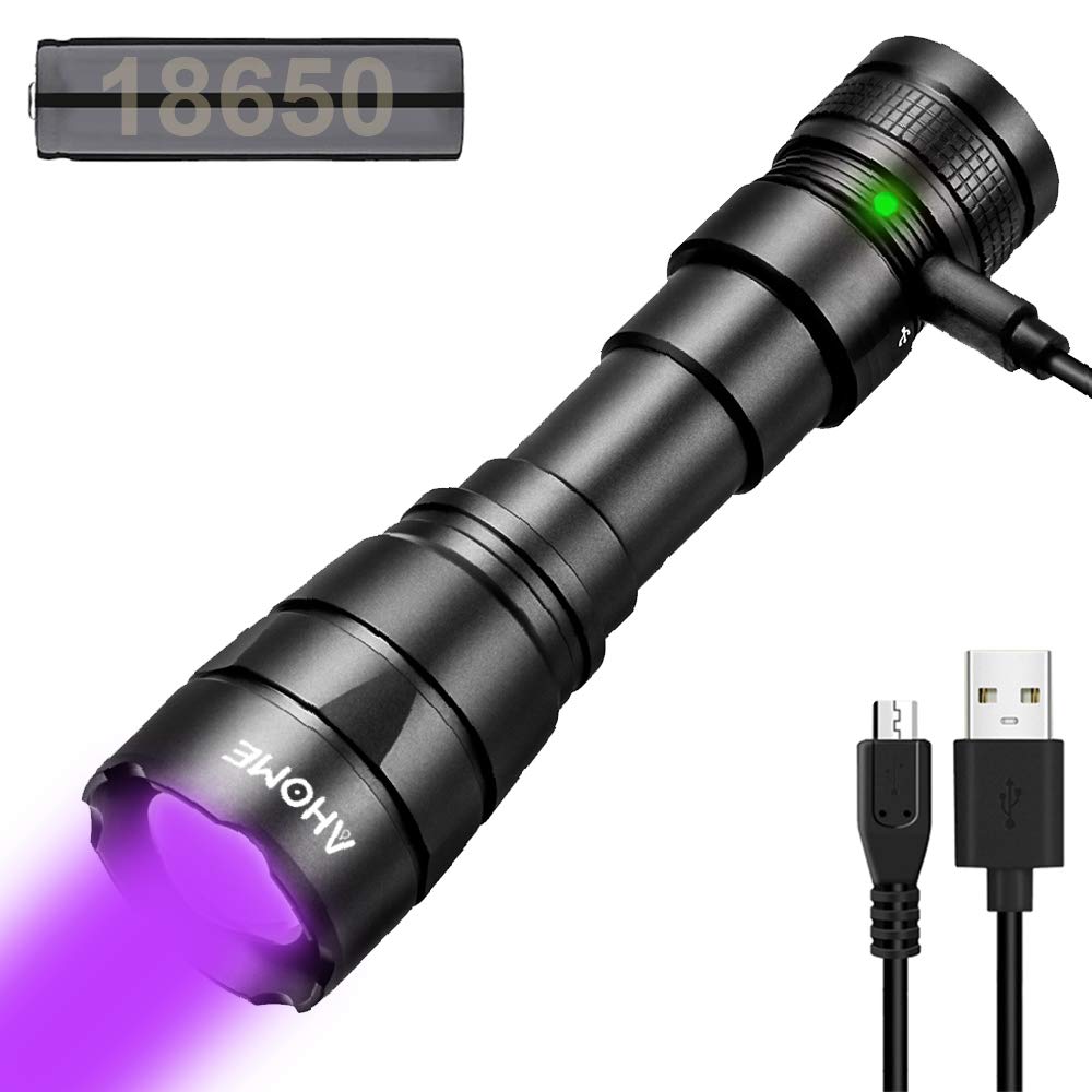AHOME V2 [Zoomable] Tactical UV Black Light Flashlight [USB Rechargeable] 100 Lumen LED Lamp, with Battery and Micro Charging Cable