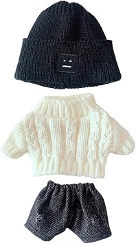 niannyyhouse Doll Clothes Suit 7.8in/20cm Plush Doll Clothes Hat + Sweater + Shorts 3-Piece Set Doll Dressup Square Face Hat Denim Shorts White Sweater Black