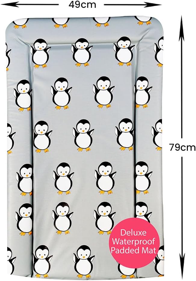 Callowesse Baby Changing Mat 76x45cm. Waterproof, Wipe Clean, Raised Edges, Portable and Foldable – Grey Penguin