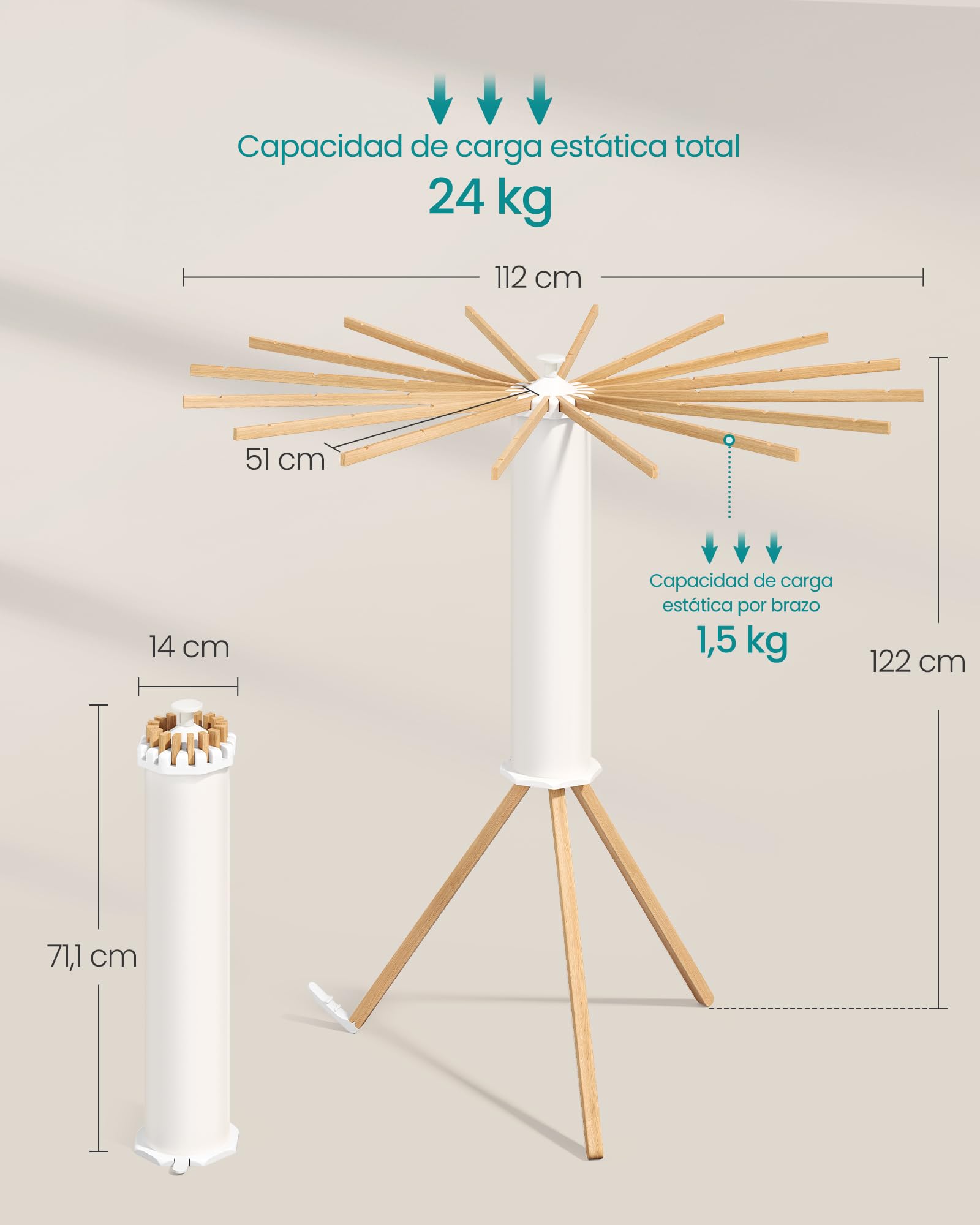 SONGMICS Tendedero Vertical, Plegable y Portátil, Ahorro de Espacio, Giratorio, Extensible, para Lavadero y Balcón, 16 Brazos de Madera, Natural LLR530YW01
