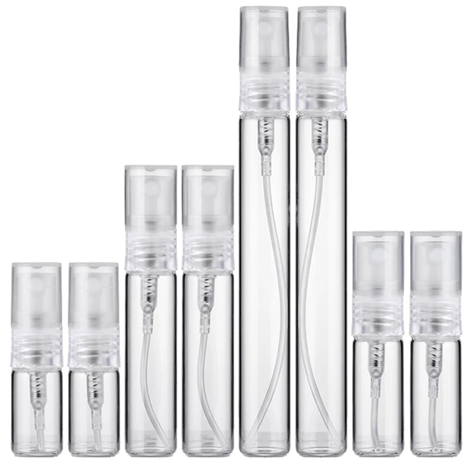 Juego de 50 botellas de perfume recargables portátiles de vidrio atomizador de viaje | Atomizadores ligeros a prueba de fugas de 2 a 10 ml para recambios de fragancia sobre la marcha. (10 ml)