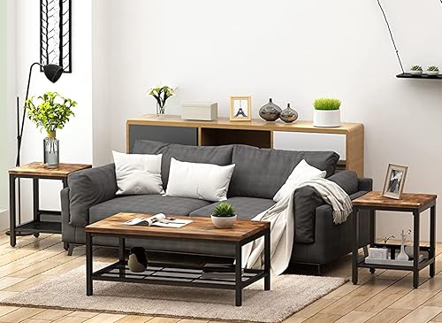 Miniatura 2 de Lamerge Juego de mesa de sala de estar, mesa auxiliar industrial con 2 mesas auxiliares cuadradas, juego de mesa auxiliar con marco de metal para