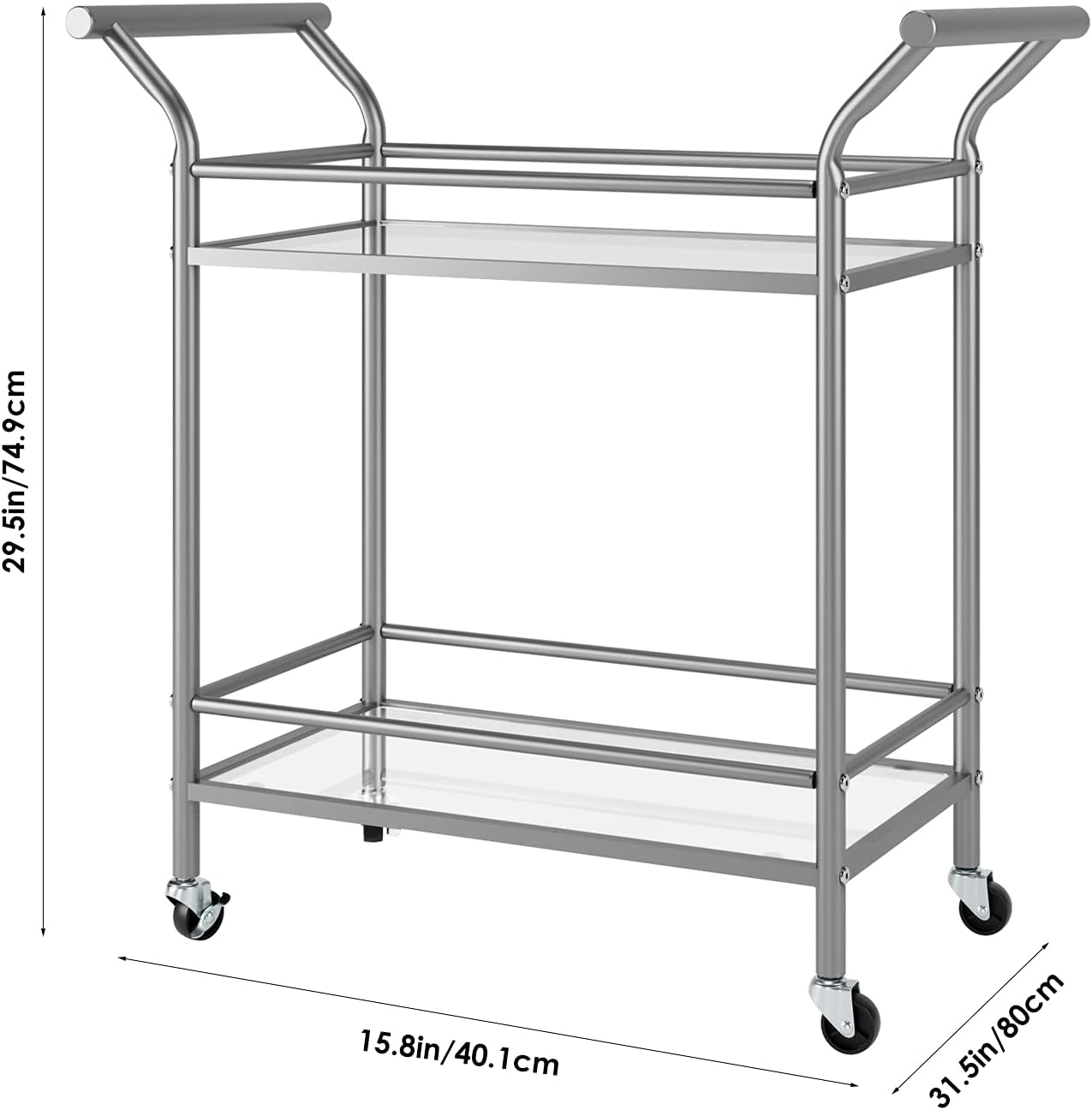 Rolling Bar Cart with 2 Tier Tempered Glass Shelves, Metal Frame Bar Serving Cart for Home with Lockable Casters, Sturdy and Durable Kitchen Cart, Silver&Glass - Bar & Serving Carts