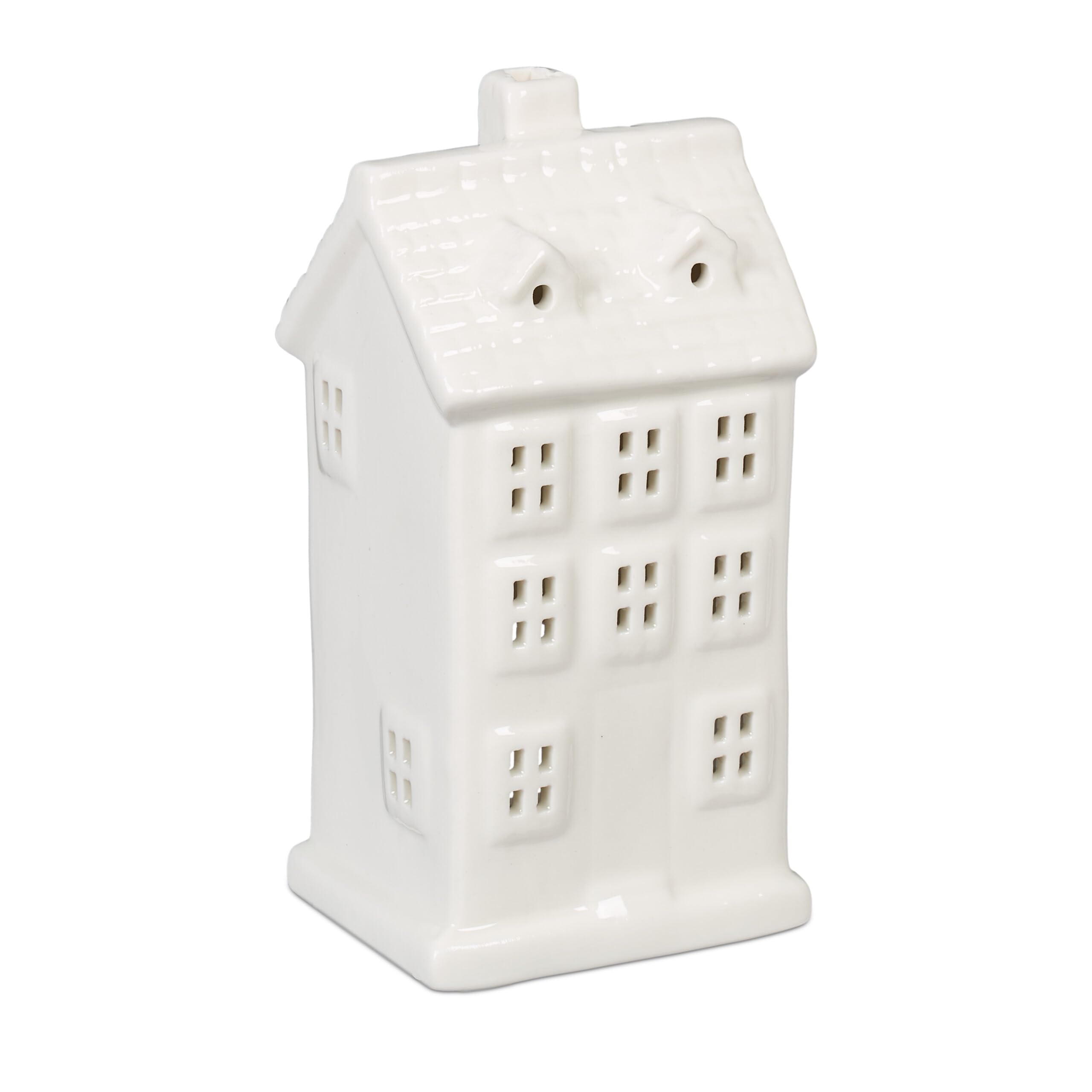 Relaxdays Ceramiczny domek na podgrzewacze, świecznik na 1 podgrzewacz, wys. x szer. x gł.: 14,5 x 7 x 6 cm, świecznik na podgrzewacze dom, biały