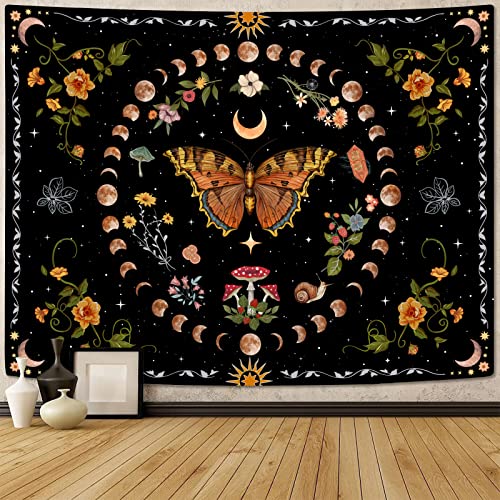 Aipon DHQWSF Orange Butterfly Moon Flower Tapestry Botanical Floral Plant Boho Tapestry For Bedroom Aesthetic Vintage Tapestries Wall Hanging thumb #2
