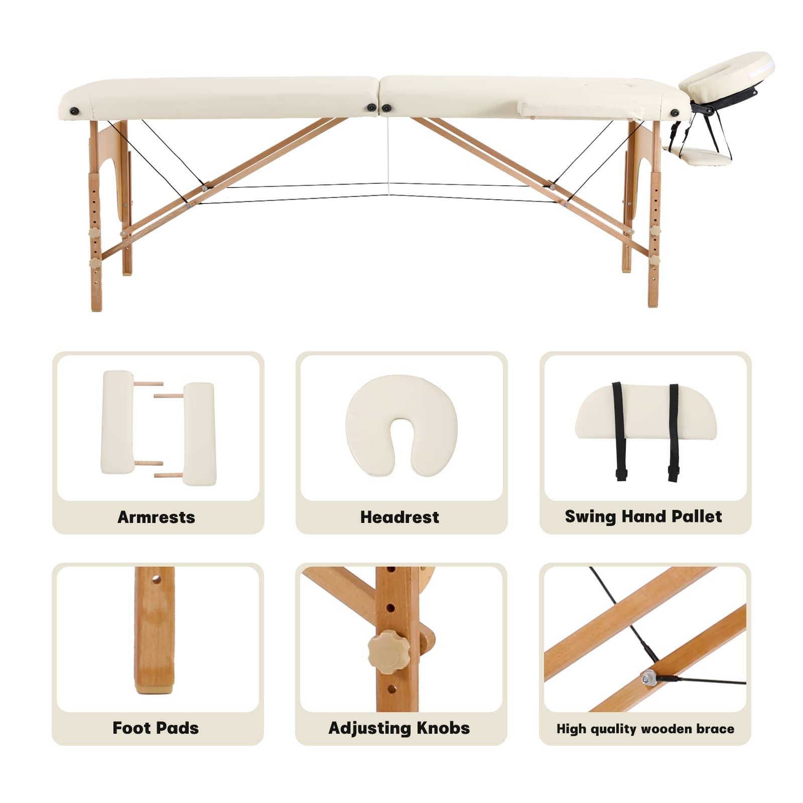 Panana Massageliege 2 Zonen Mobile Massagetisch Klappbar Tragebares Massagebett höhenverstellbar aus Holz Massagebank mit Kopfstütze & Armlehnen & Tasche 213 × 82 x 81 cm (Beige)