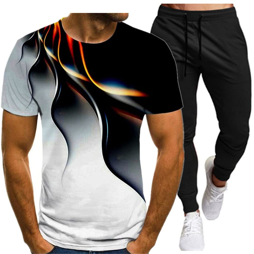 3D Druck T-Shirt Anzug 2 Teilig Herren Sportanzug Basketball Sport Fitness Kurzarm und Hosen Anzug, dunkelgrau, XL