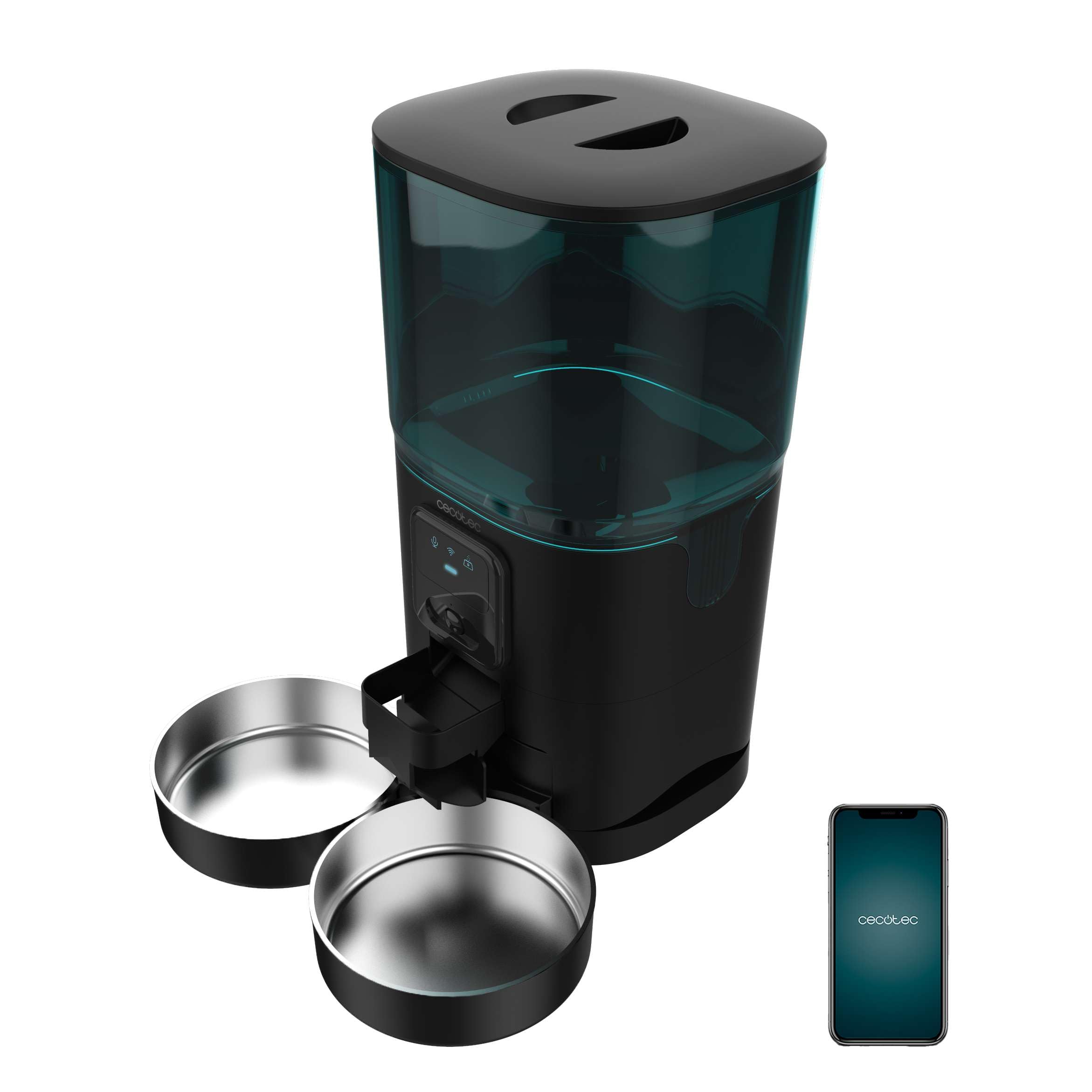 Cecotec Automatyczny dozownik karmy dla zwierząt ze sterowaniem WiFi, kamerą i rejestratorem głosu Pumba 8600 Double Meal Vision. 7L, programowalny, kontrola porcji, podwójna miska ze stali