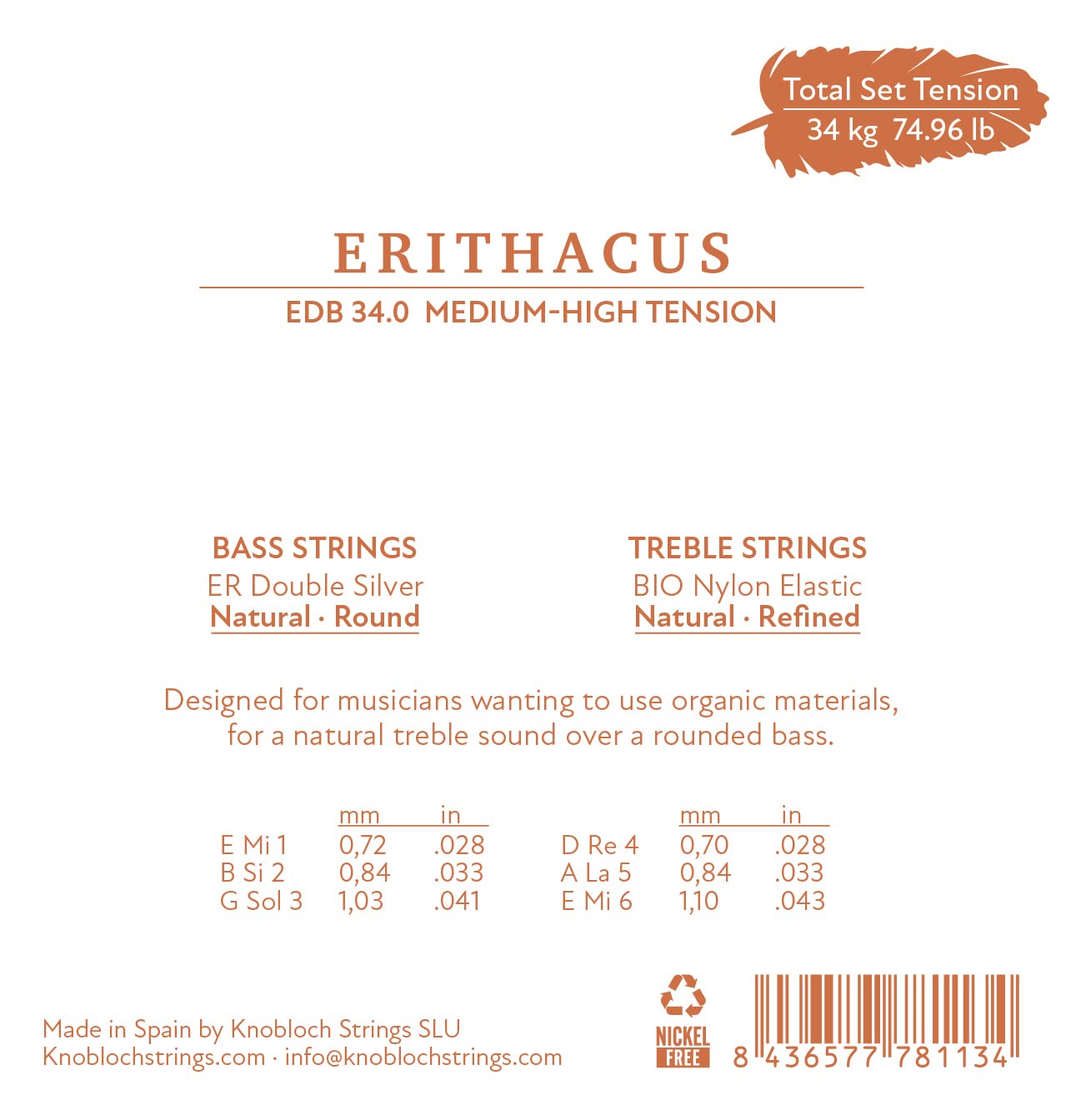 KNOBLOCH STRINGS - Spanish Guitar Strings | EDB34.0 ERITHACUS Double Silver | Medium-High Tension 34.0 | Natural and Round Sound | BIO Nylon | String Set for Flamenco and Classical