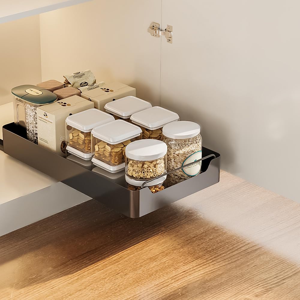 Organiseur de cuisine avec tiroir amovible coulissant et porte-épices télescopique noir