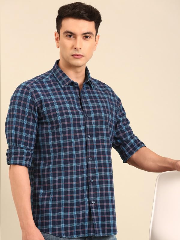 Image of Cavallo by Linen Club Men's Blended Linen Checked Contemporary Fit Full Sleeve Casual Shirt