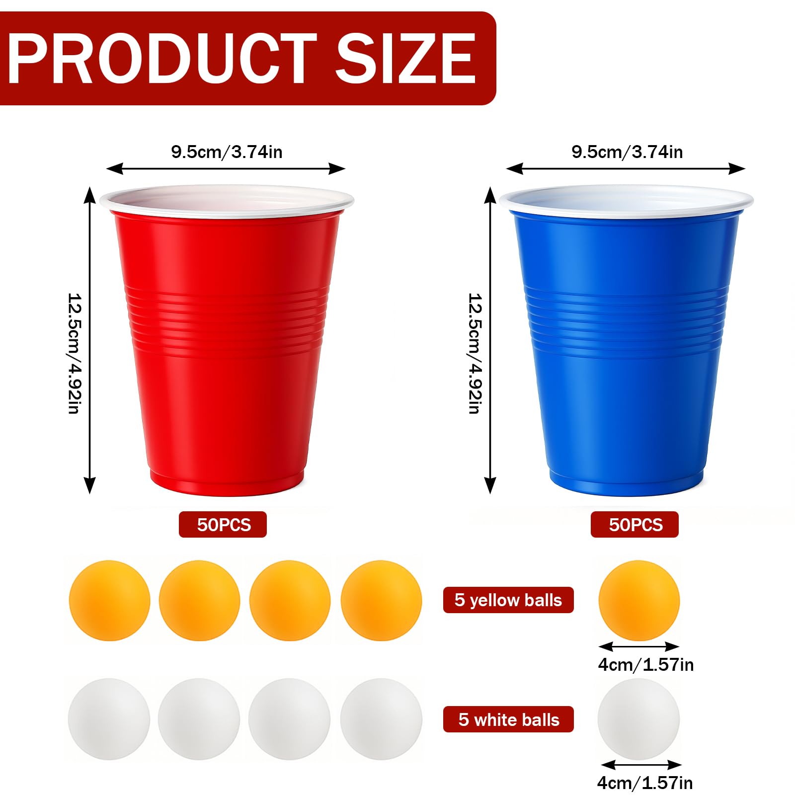 100 Pezzi Bicchiere Plastica Rossi Blu e 10 Palline Ping Pong, 500ml Bicchieri Plastica Riutilizzabili Colorati per Feste, Compleanni, Matrimoni, Campeggio