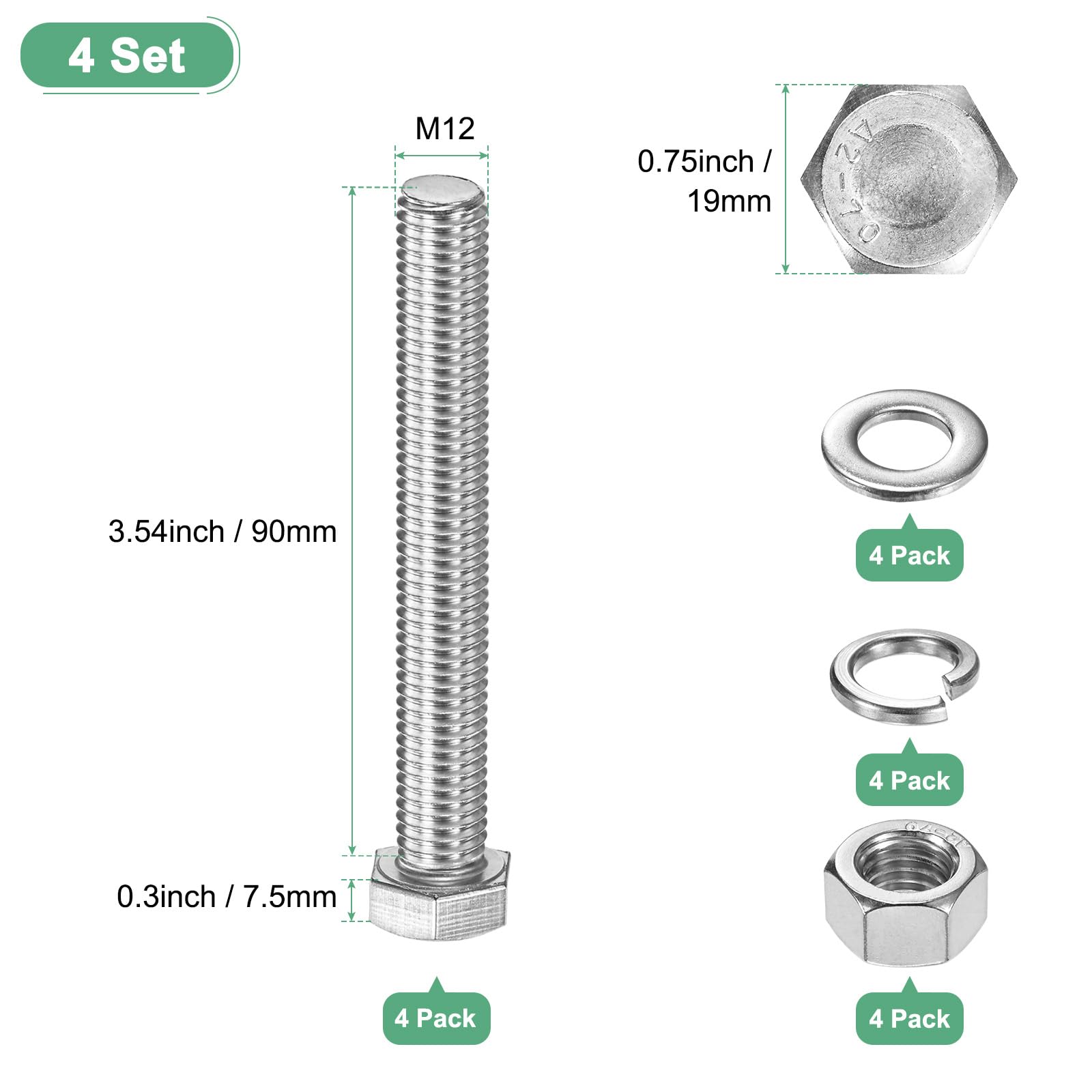 M METERXITY 4-Pack Hex Head Screw Bolt with Nuts Flat & Lock Washers M12x90mm Stainless Steel Bolts and Nuts Kit Fully Threaded Metric Bolt Assortment for Equipment/Machinery - Image 3