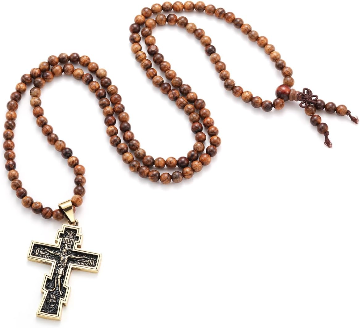 Jesus Crucifix Stretch Rosary Necklace,Wooden Beads Handmade Holy Mary Stainless Steel Cross Medal Amulet Christian Pendant for Men & Women
