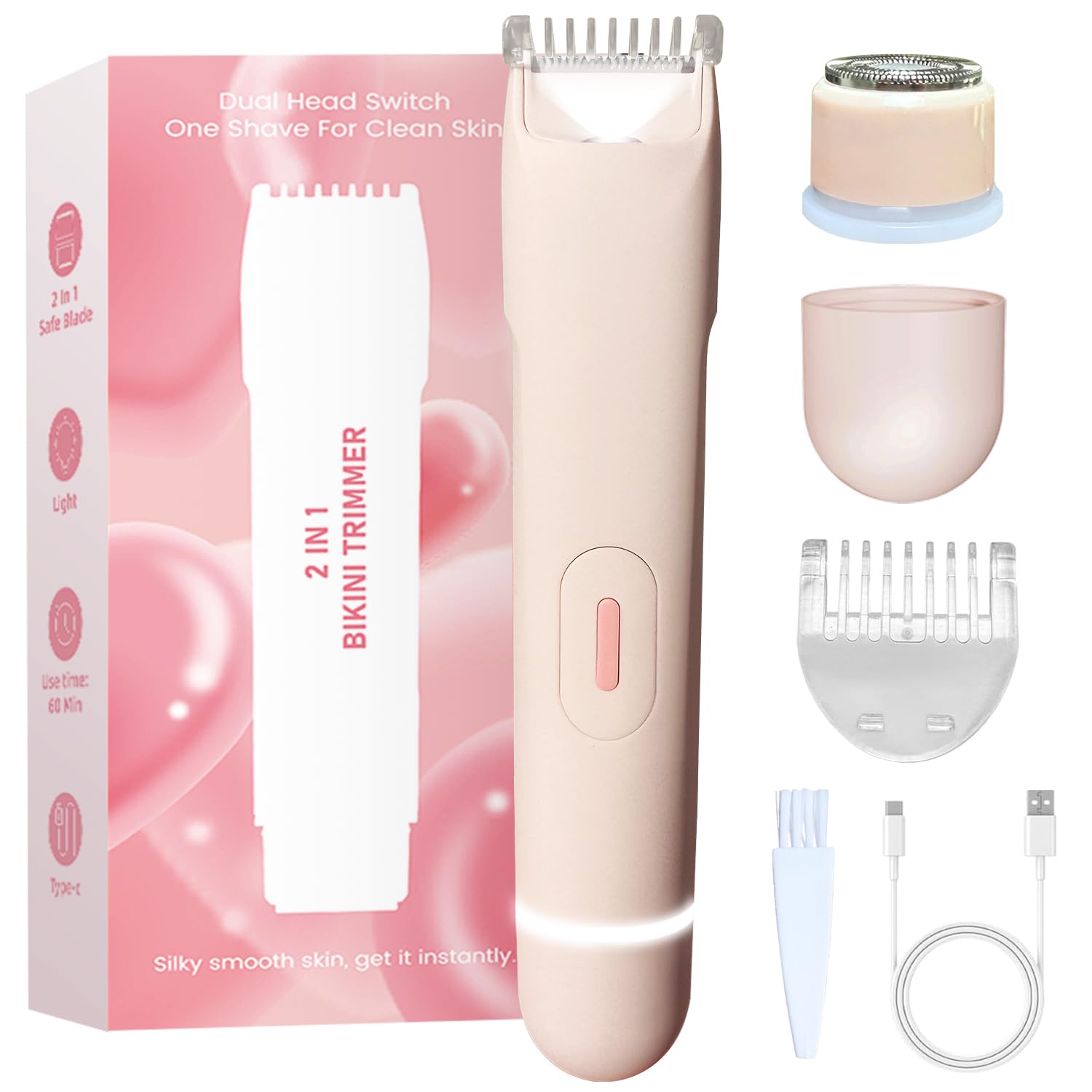 2 in 1 Bikini Trimmer for Women, Led Electric Dual Head Shaver Women, Rechargeable & Waterproof, Painless for Sensitive Skin, Electric Bikini Trimmer for Bikini Line & Pubic, Legs, Face, Underarms