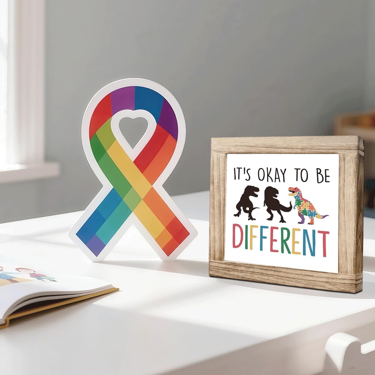 Autism Wood Sign It Is Okay to Be Different Autism Awareness Wood Sign Handmade Solid Wooden Decor ASD Acceptance Signs Rustic Home Decor For Wall Desk Table Living Room ASD Support Gift 5.9x5.9 Inch - Image 6