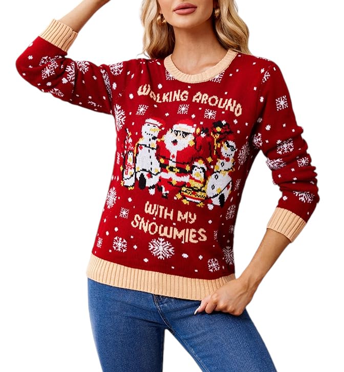 LUBOT Ugly Christmas Sweaters for Women Womens Christmas Sweater Cute Fuzzy Funny Tacky Holiday Parties Knitted Pullover Walking Around S
