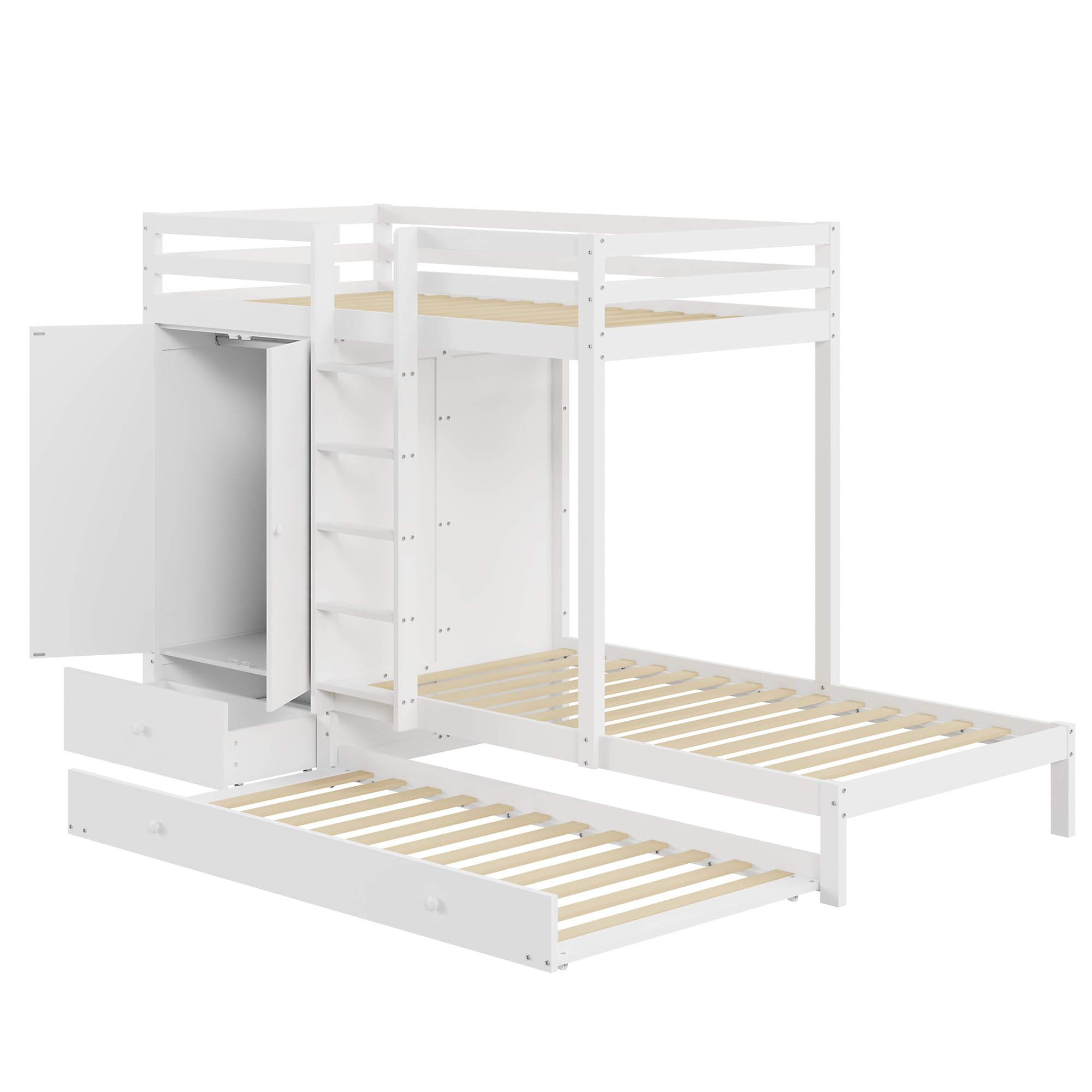 Letto a Castello 90x200 con Guardaroba Cassetti e Vano Aperto Letto Estraibile in Pino Compensato e MDF con Piano Aggiuntivo Lettino Singolo senza Materassi per Camera Bianco