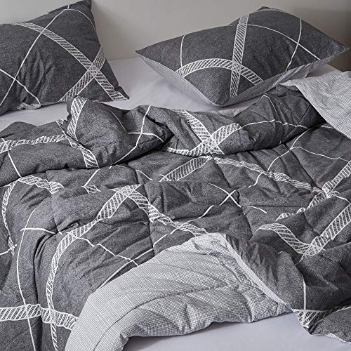 Atsense Comforter Set Queen, All Season 3-Piece 100% Cotton Fabric, Soft Microfiber Filled Bedding, Lightweight Reversible Duvet Insert (Grey&White, My005) #TOP2