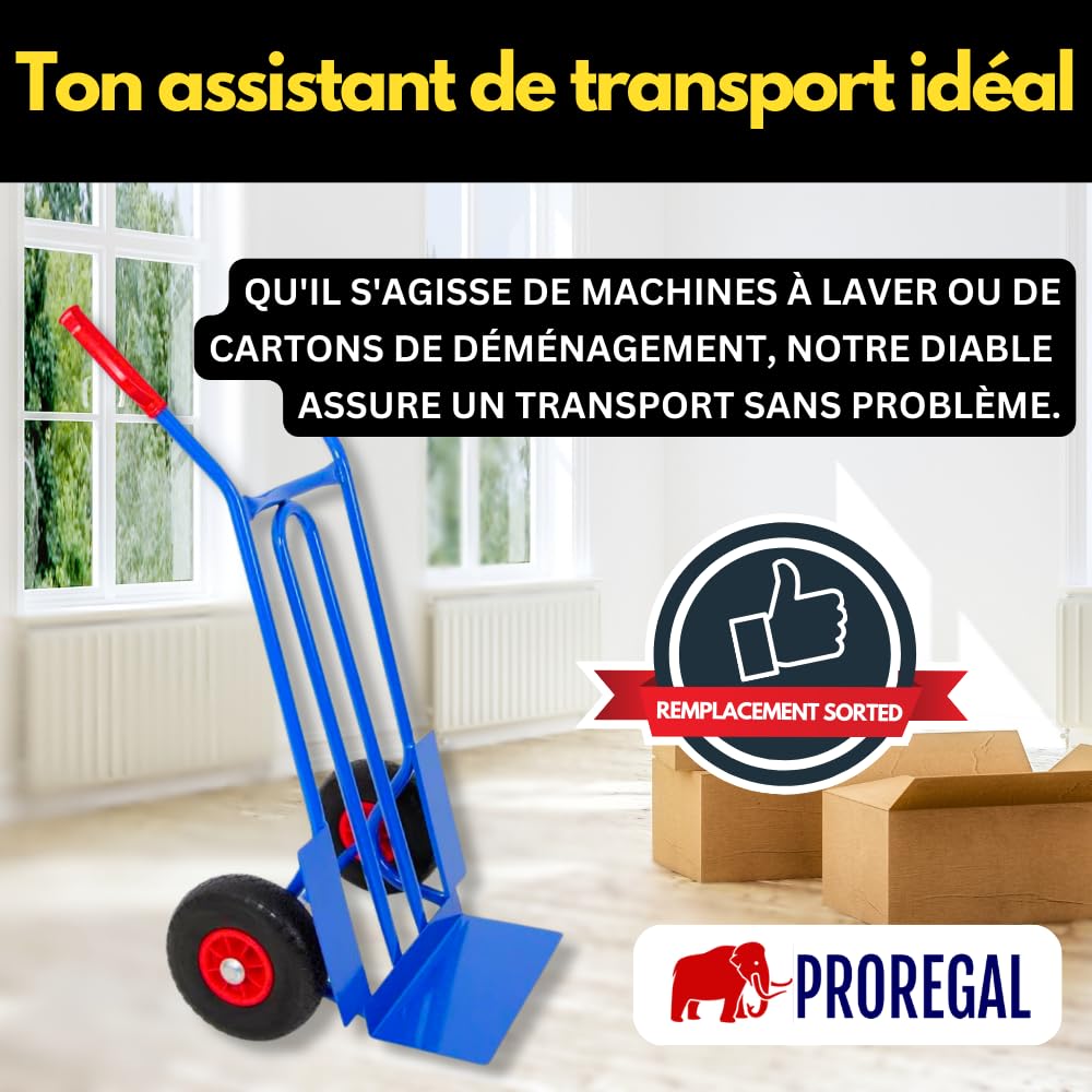 PROREGAL Diable Pliable Rhino XL | HxLxP 104x50x60cm | Capacité de Charge 250 kg | Bleu | Roues pneumatiques | Chariot de Transport, Diable d'escalier