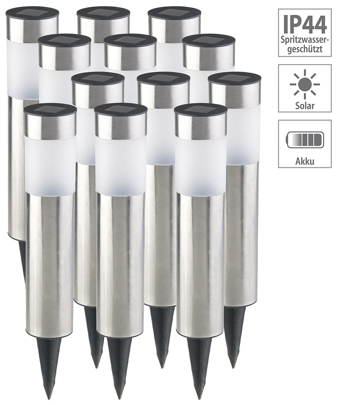 Lunartec Gartenlampe Solar: 12er-Set Elegante Edelstahl-Solar-LED-Wegeleuchten, mit Lichtsensor (Solarleuchten-Sets, Solarlampen Garten, Boden)