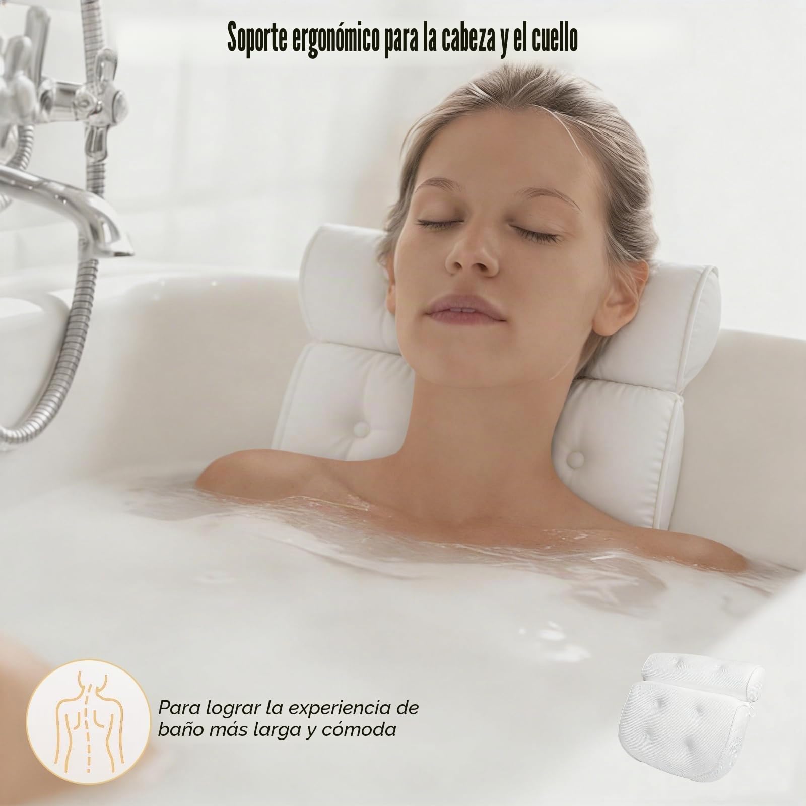 Almohada Bañera Antideslizante, Cojin Bañera con 6 Ventosas, Hidromasaje para Bañera, Suave y Confortable Almohada para SPA y Baño Relajante, Soporte para Cuello y Espalda, Blanco