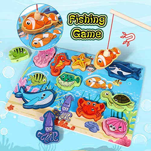 Atoylink 4 in 1 Magnetic Fishing Game Wooden Puzzle Set Kids Ocean Chunky Pegged Puzzles with Erasable Drawing Board, Preschool Toddler Educational Learning Montessori Toys for 1 2 3 Year Old - 12 Pcs - Thumbnail 2