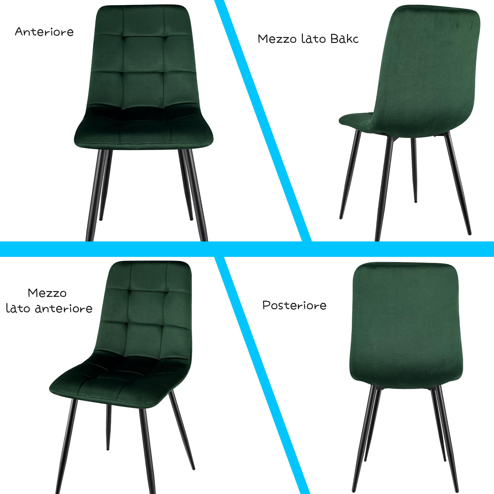WAFTING Set di 4 sedie da pranzo imbottite con schienale alto e velluto olandese, con base in metallo, per sala da pranzo, soggiorno e reception, verde scuro