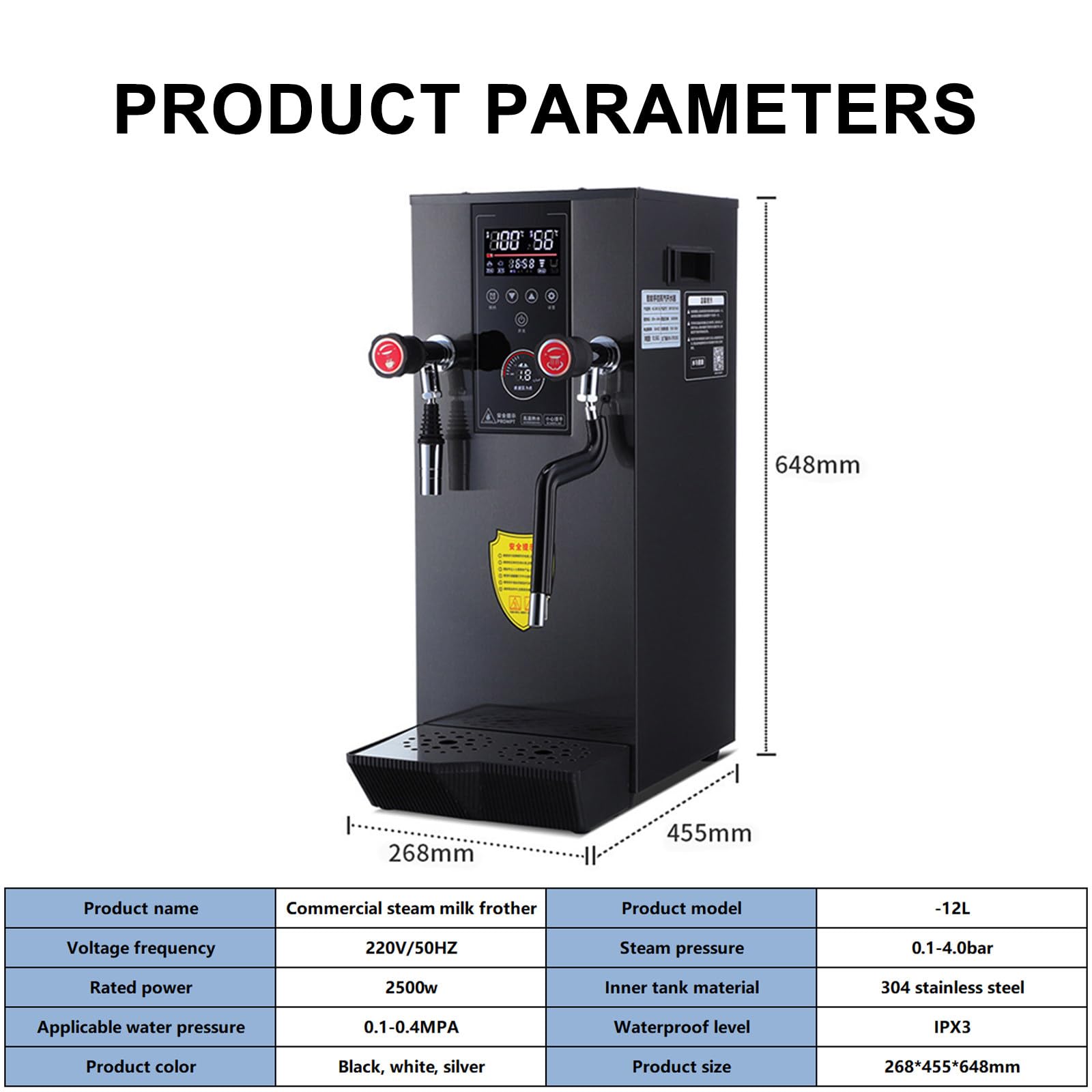 Espumador de leche eléctrico multiusos de 12 l, 220 V, con pantalla LED, para cafeterías (blanco)