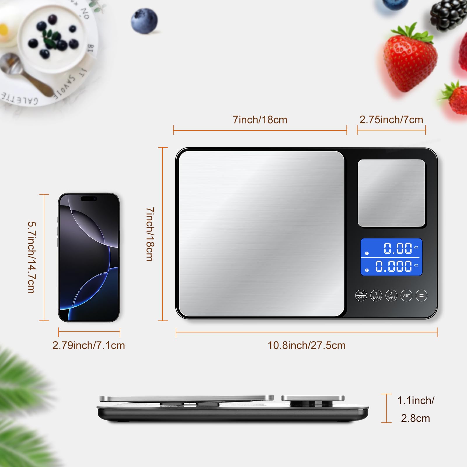 BRICH Balance de cuisine numérique avec double plate-forme – 500 g/0,01 g et 15 kg/1 g de précision, fonction de somme, 7 unités, acier inoxydable et verre, éclairage LCD – Idéal comme échelle