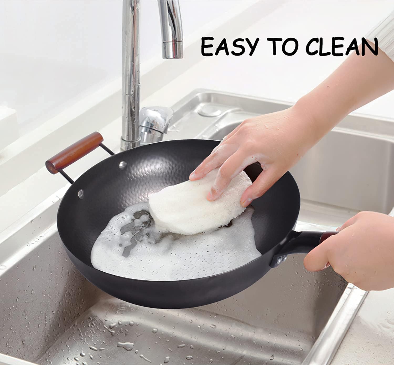 Carbon Steel Wok Flat Bottom,Woks and Stir Fry Pans Nonstick with Spatulas & Spoon,Uncoated Cooking Wok Pan with Wooden Handle,Chinese Pans and Pots for Electric, Induction and Gas: Home & Kitchen