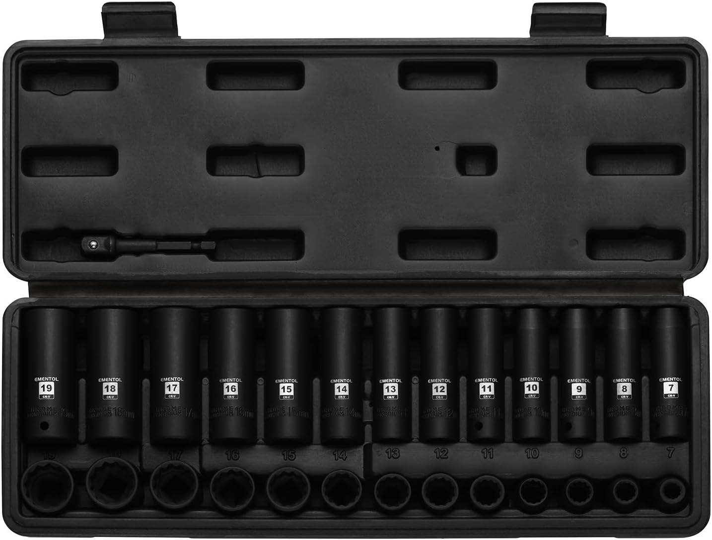 EMENTOL 30PCS 1/2" Drive Shallow Impact Socket Set, Metric, 10mm - 36mm, CR-MO, 6 Point, Includes 3-inch and 6-inch Imapct Extension Bars, 1/4"-1/2" Drill Adapter
