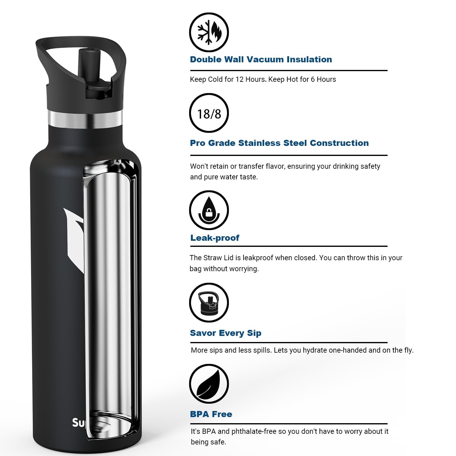 Super Sparrow Borraccia Termica, Acciaio Inox Bottiglia Termica - 350ml, 500ml, 750ml, 1L - Senza BPA Borracce, Borraccia Bambini per Scuola, Sport, Campeggio, Yoga, Palestra, Ciclismo