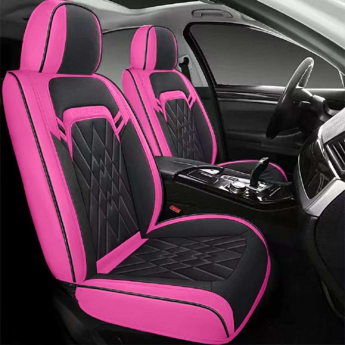 Quiln02 Leather Seat Cover 5 Seat Full, Universal Suitable for Most Cars, SUVs, Pickup Trucks, Airbag Compatible Car Seat Cushion Covers (Black&Rose)