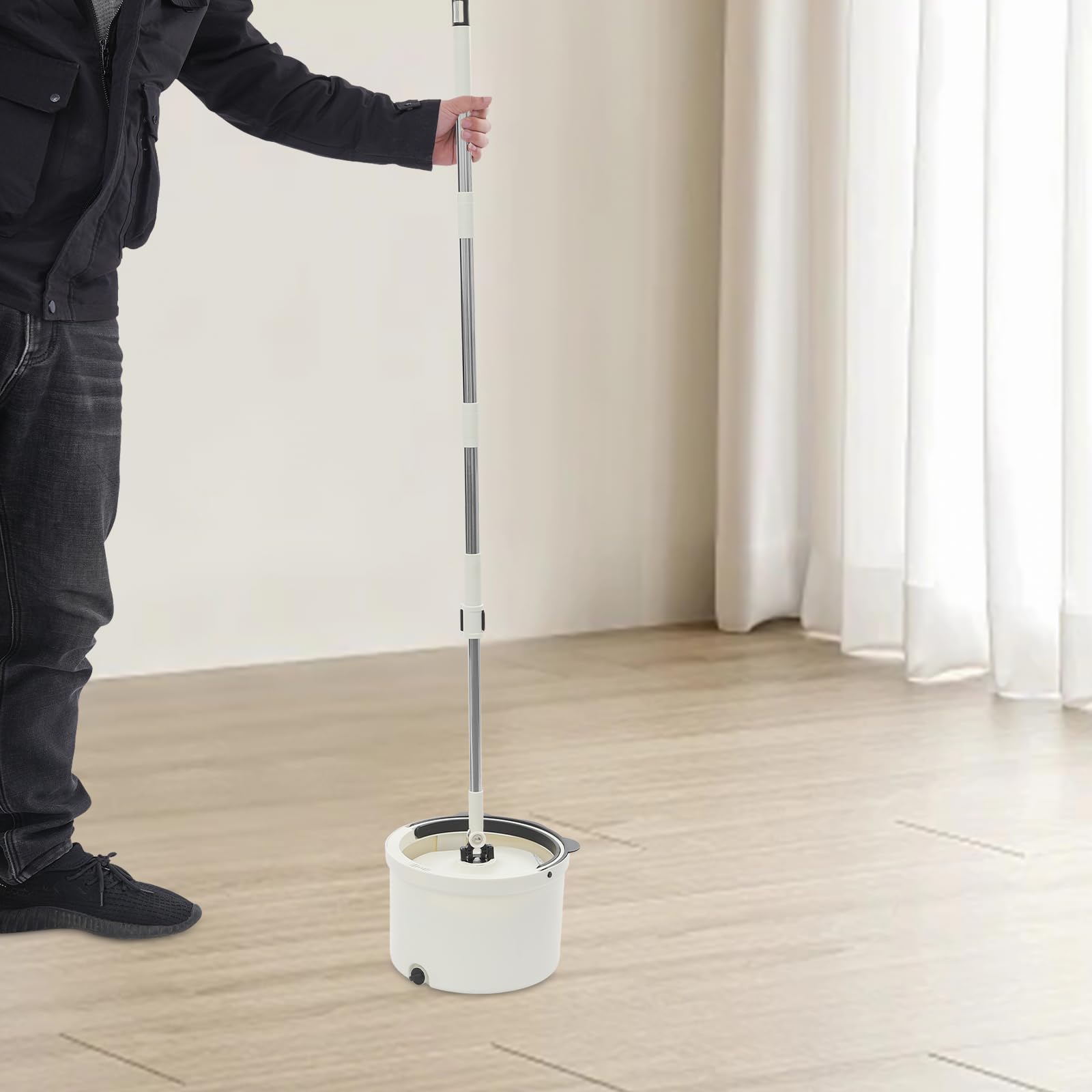 Juego de fregona con cubo de limpieza con función de escurridor, mopas húmedas y secas para el hogar, autolimpieza, lavable y reutilizable, color blanco