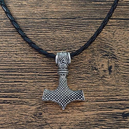 QEPOL Men Viking Leather Norse Thor's Hammer Mjolnir Celtic Knot Pendant Necklace Jewelry Scandinavian Hand Carved Skull Head Antique Silver Chain Raven Ladies Nordic Rune Talisman Saxon