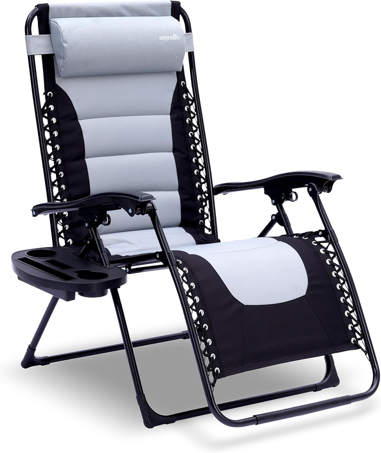 SereneLife Chaise Pliante - Chaise Longue Réglable pour Extérieur - avec Plateau Porte-Gobelet Détachable - Relax Pliable avec Coussins Amovibles - Gris et Noir