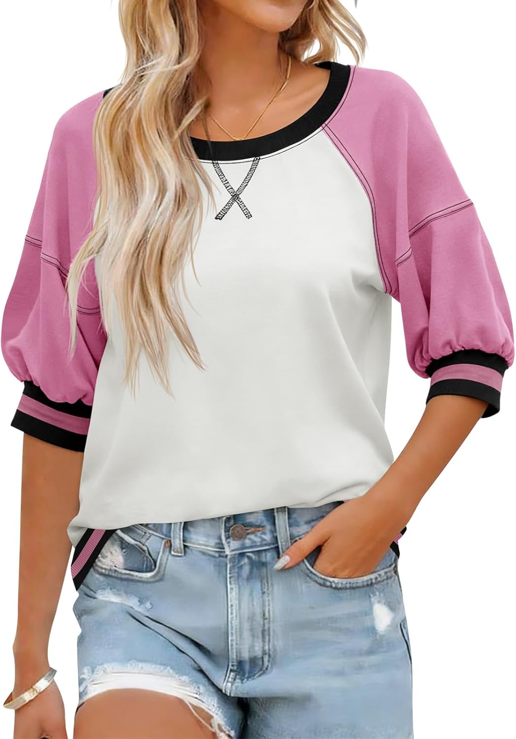 Fisoew Womens Crewneck Sweatshirt Ribbed Raglan Half Sleeve Pullover Tops Color Block Loose Fit Sweatshirts