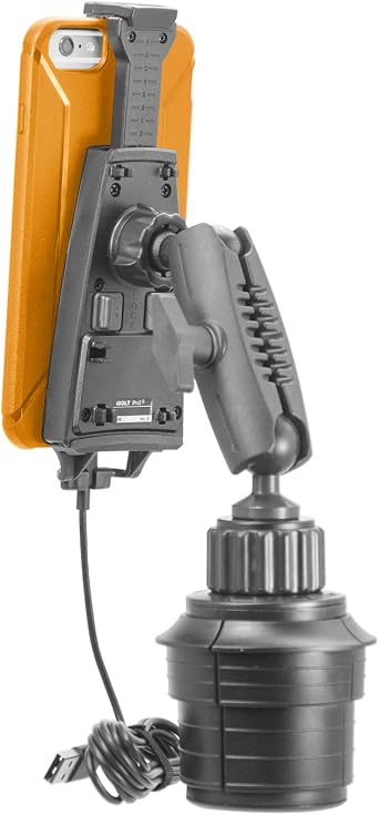 Apple MFI Certified iPro2 Console - Heavy Duty Expandable and Adjustable Cup Holder with Integrated Charging Cable: Great for Commercial Vehicles, and Telematic Commuters (Compatible w/iPhone 12)