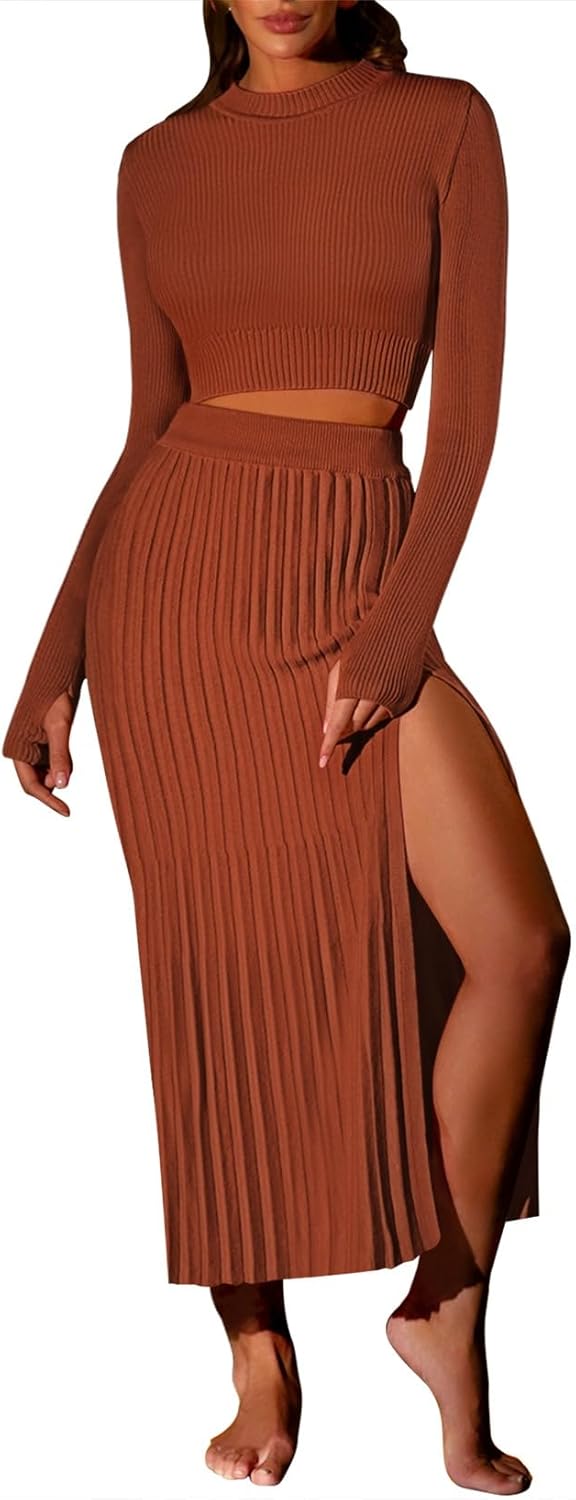 Pink Queen Women's 2 Piece Sweater Outfits Set Long Sleeve Crop Top Ribbed Split Bodycon Midi Long Skirt Knit Dresses