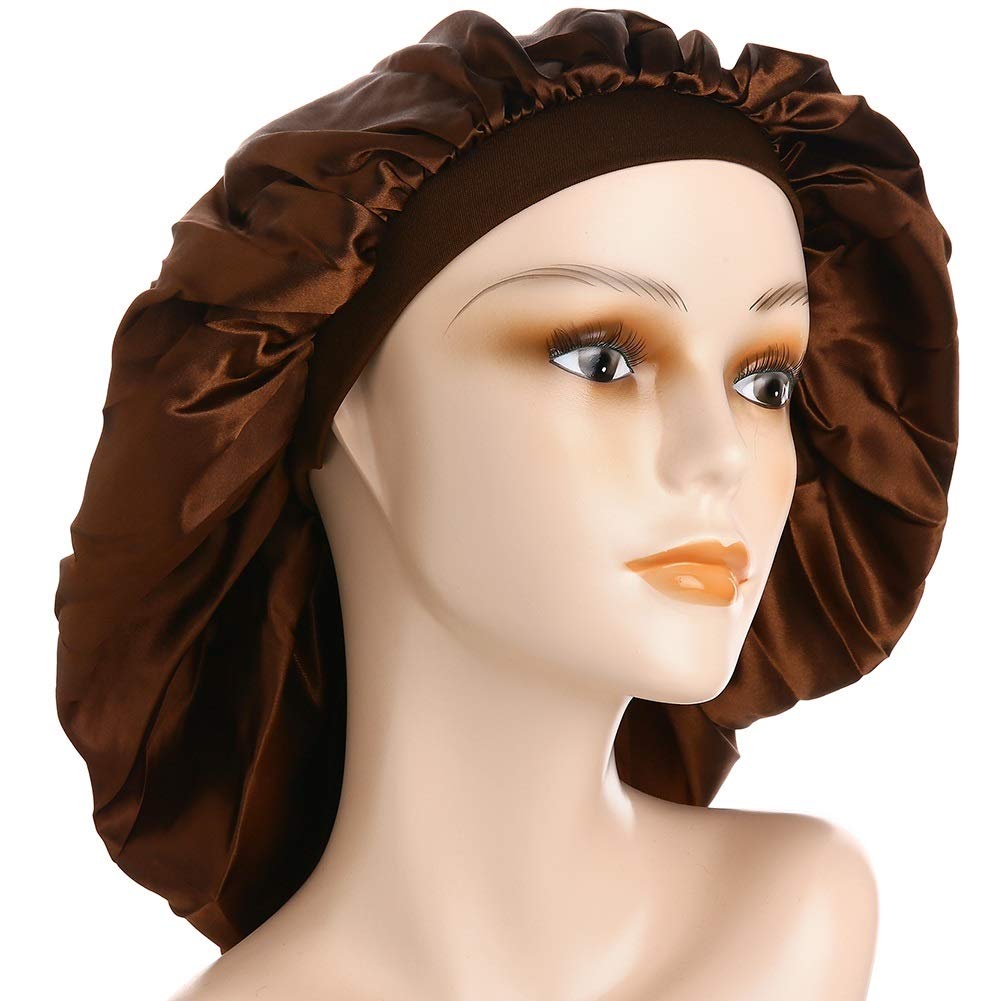 Large Satin Sleep Cap Silk Elastic Night Sleeping Hat Bonnet Nightcap Head Cover with Comfortable Wide Band for Women (CSK-XL)