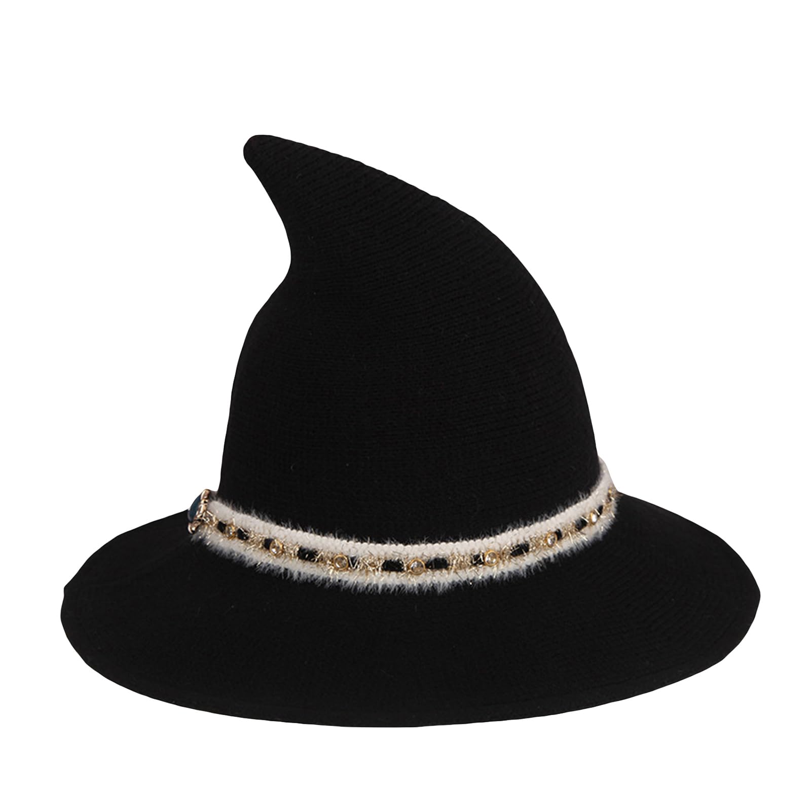 HzDazrl Women Halloween Witch Hat Wide Brim Wool Pointed Cap Christmas Party Holiday Daily Accessory Wizard Hats (Contrast Color Black, One Size)